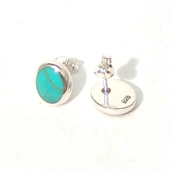 Sterling Silver Turquoise Stud Earrings Oval Bezel Set Hand Polished 10 x 8 mm - Picture 5 of 6